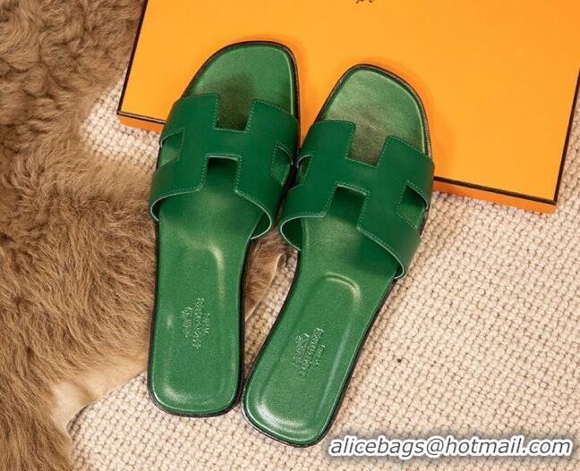 Good Looking Hermes Oran Classic Smooth Calfskin Flat Slide Sandals Green 0527143