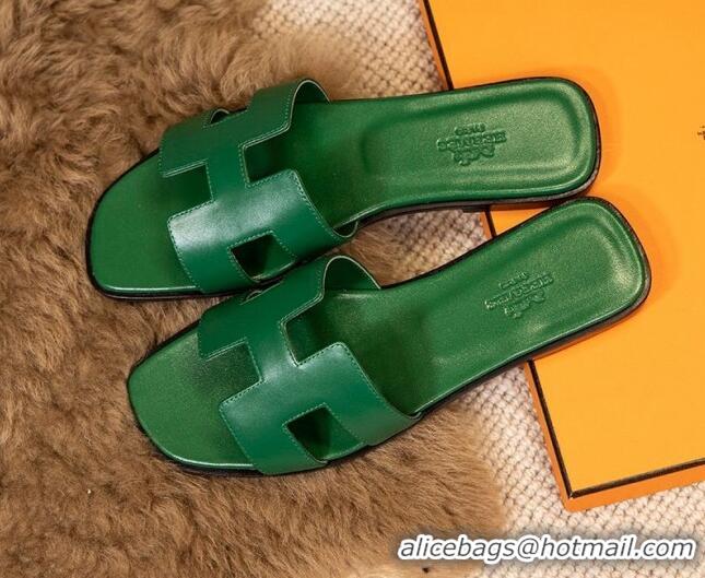 Good Looking Hermes Oran Classic Smooth Calfskin Flat Slide Sandals Green 0527143