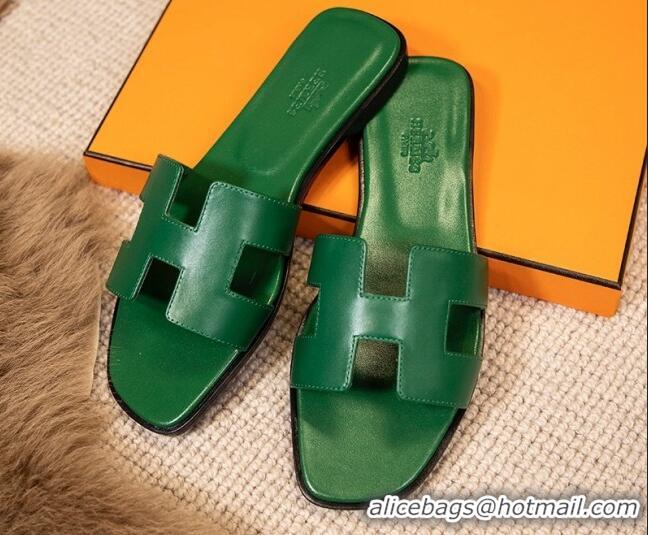 Good Looking Hermes Oran Classic Smooth Calfskin Flat Slide Sandals Green 0527143