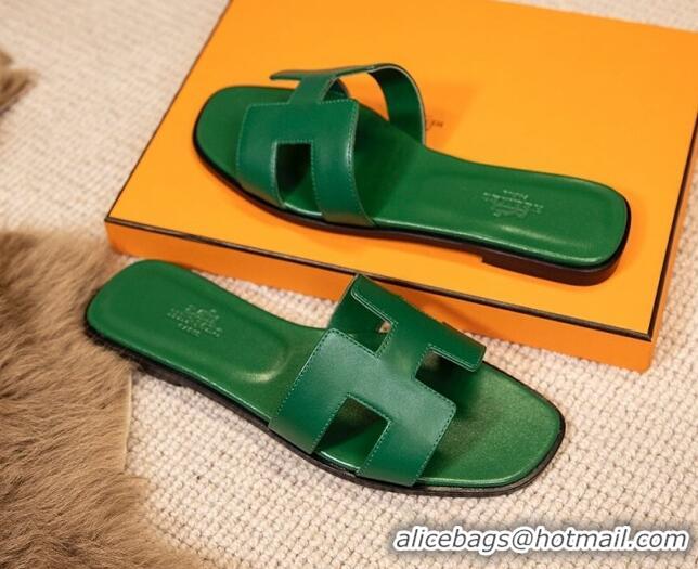 Good Looking Hermes Oran Classic Smooth Calfskin Flat Slide Sandals Green 0527143