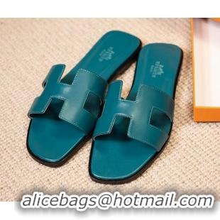 Good Quality Hermes Oran Classic Smooth Calfskin Flat Slide Sandals Blue 527144