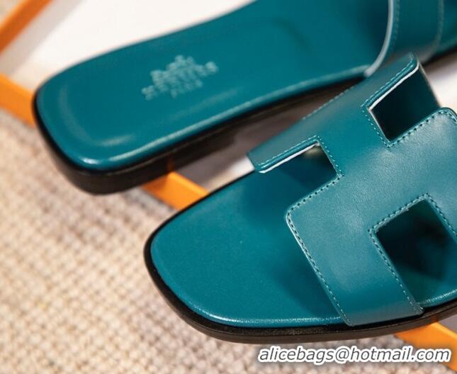 Good Quality Hermes Oran Classic Smooth Calfskin Flat Slide Sandals Blue 527144