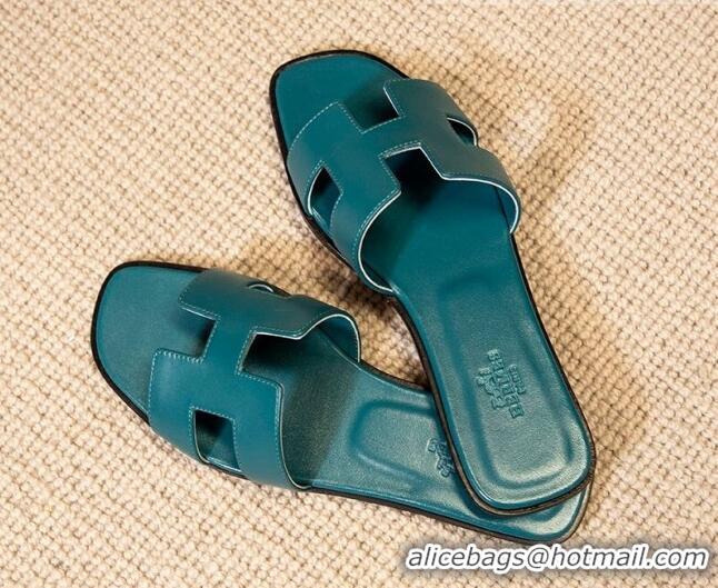 Good Quality Hermes Oran Classic Smooth Calfskin Flat Slide Sandals Blue 527144