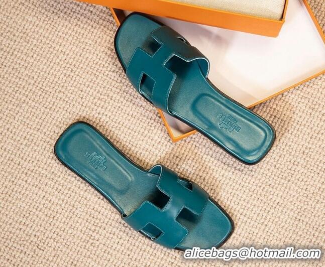 Good Quality Hermes Oran Classic Smooth Calfskin Flat Slide Sandals Blue 527144