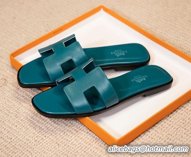 Good Quality Hermes Oran Classic Smooth Calfskin Flat Slide Sandals Blue 527144