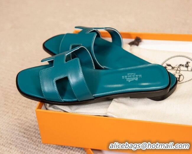 Good Quality Hermes Oran Classic Smooth Calfskin Flat Slide Sandals Blue 527144