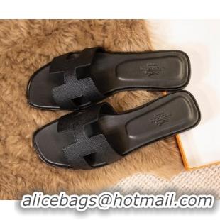 Best Product Hermes Oran Classic Grained Calfskin Flat Slide Sandals Black 0527145