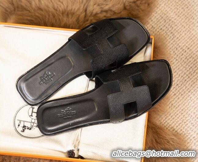 Best Product Hermes Oran Classic Grained Calfskin Flat Slide Sandals Black 0527145