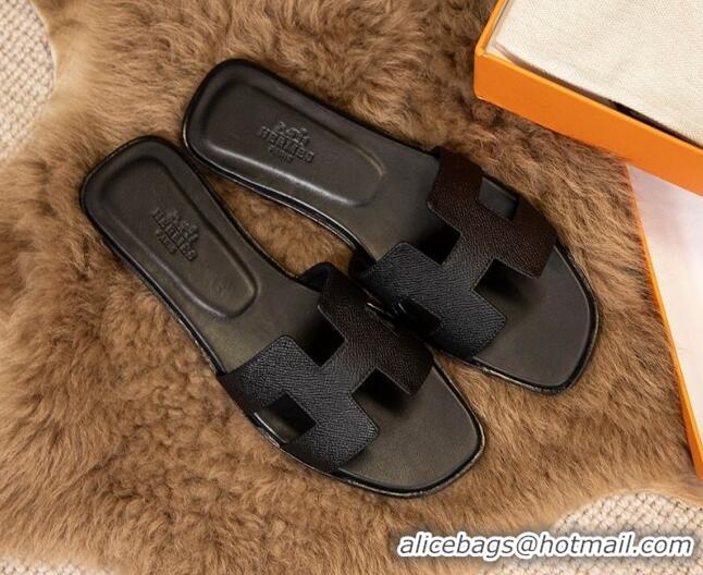 Best Product Hermes Oran Classic Grained Calfskin Flat Slide Sandals Black 0527145