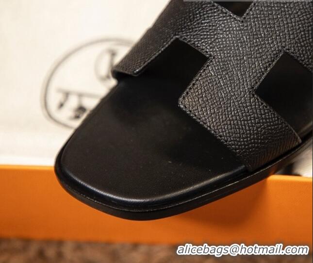 Best Product Hermes Oran Classic Grained Calfskin Flat Slide Sandals Black 0527145