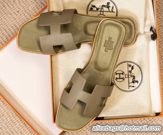 Most Popular Hermes Oran Classic Grained Calfskin Flat Slide Sandals Grey 0527146