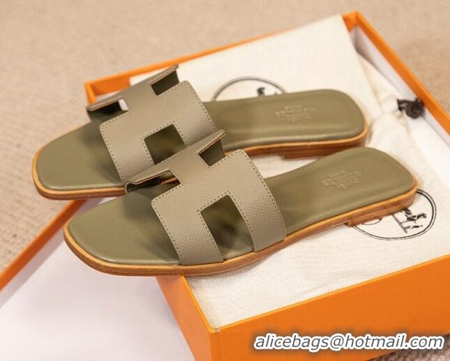 Most Popular Hermes Oran Classic Grained Calfskin Flat Slide Sandals Grey 0527146