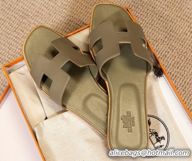 Most Popular Hermes Oran Classic Grained Calfskin Flat Slide Sandals Grey 0527146