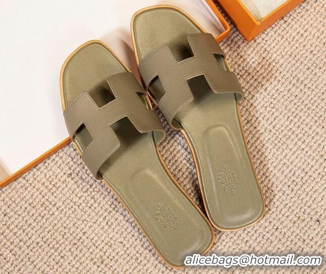 Most Popular Hermes Oran Classic Grained Calfskin Flat Slide Sandals Grey 0527146