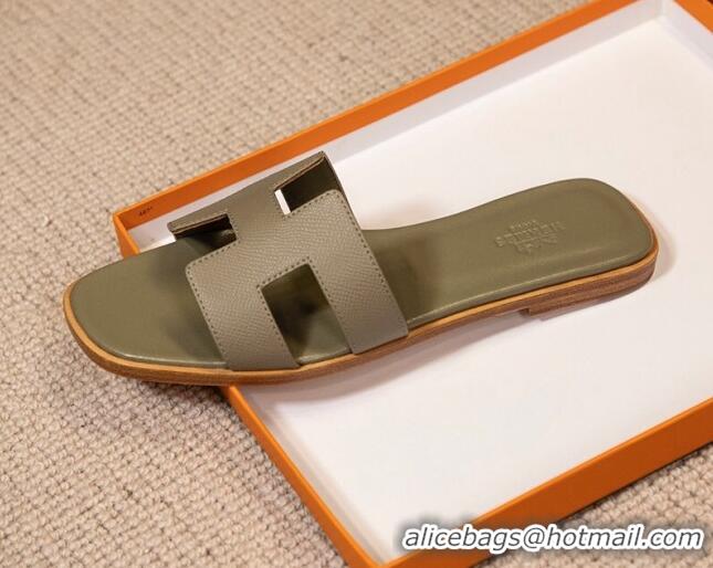 Most Popular Hermes Oran Classic Grained Calfskin Flat Slide Sandals Grey 0527146