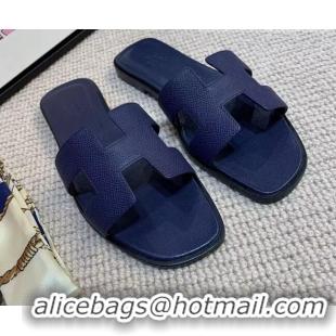 Low Price Hermes Oran Classic Grained Calfskin Flat Slide Sandals Royal Blue 0527147