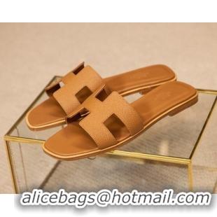 Discount Hermes Oran Classic Grained Calfskin Flat Slide Sandals Brown 0527148