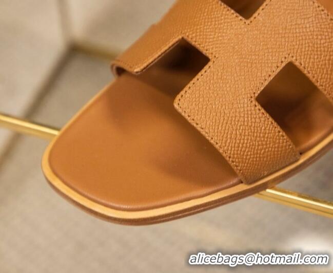 Discount Hermes Oran Classic Grained Calfskin Flat Slide Sandals Brown 0527148