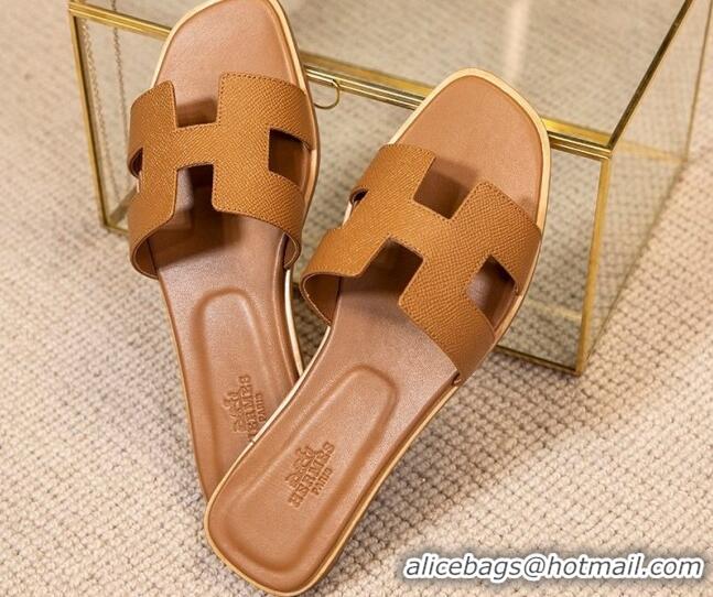 Discount Hermes Oran Classic Grained Calfskin Flat Slide Sandals Brown 0527148