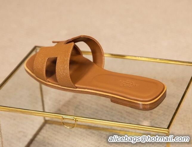 Discount Hermes Oran Classic Grained Calfskin Flat Slide Sandals Brown 0527148