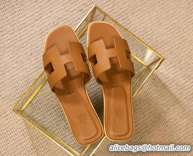 Discount Hermes Oran Classic Grained Calfskin Flat Slide Sandals Brown 0527148