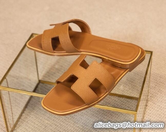 Discount Hermes Oran Classic Grained Calfskin Flat Slide Sandals Brown 0527148