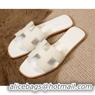 Pretty Style Hermes Oran Classic Grained Calfskin Flat Slide Sandals White 0527149