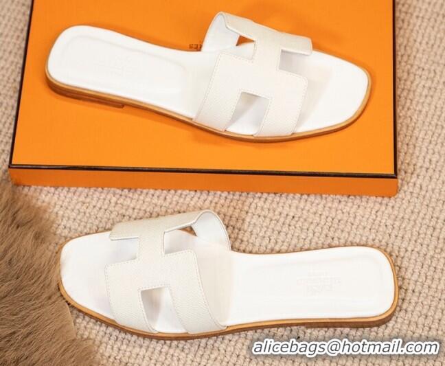 Pretty Style Hermes Oran Classic Grained Calfskin Flat Slide Sandals White 0527149