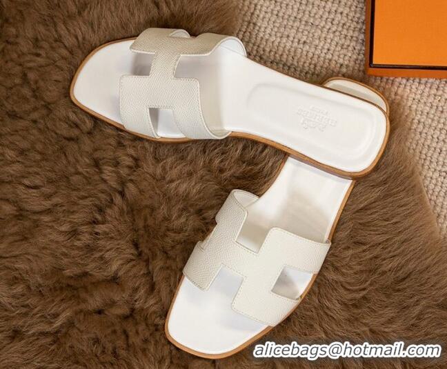 Pretty Style Hermes Oran Classic Grained Calfskin Flat Slide Sandals White 0527149