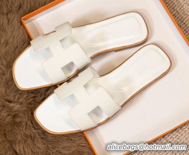 Pretty Style Hermes Oran Classic Grained Calfskin Flat Slide Sandals White 0527149