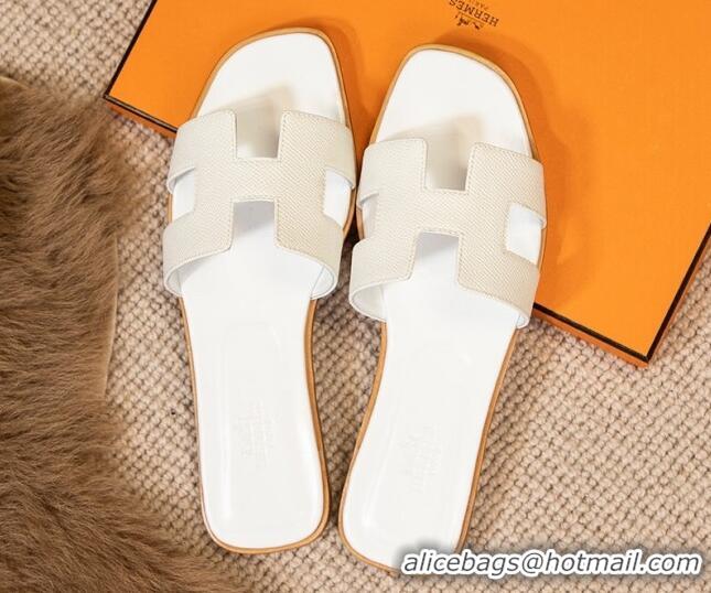 Pretty Style Hermes Oran Classic Grained Calfskin Flat Slide Sandals White 0527149