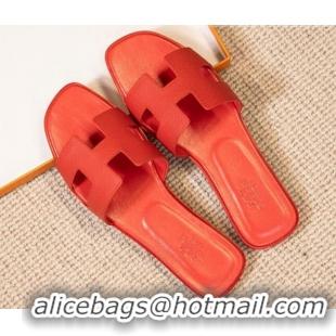 Grade Quality Hermes Oran Classic Grained Calfskin Flat Slide Sandals Red 0527150