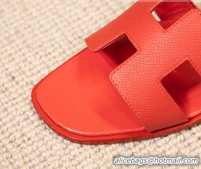 Grade Quality Hermes Oran Classic Grained Calfskin Flat Slide Sandals Red 0527150