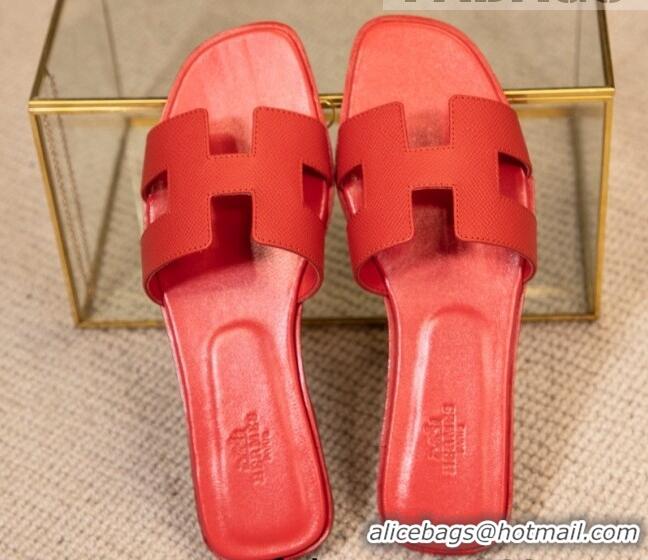 Grade Quality Hermes Oran Classic Grained Calfskin Flat Slide Sandals Red 0527150