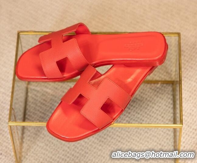 Grade Quality Hermes Oran Classic Grained Calfskin Flat Slide Sandals Red 0527150