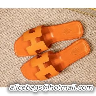 Sumptuous Hermes Oran Classic Grained Calfskin Flat Slide Sandals Orange 0527151