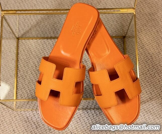 Sumptuous Hermes Oran Classic Grained Calfskin Flat Slide Sandals Orange 0527151