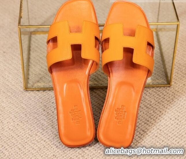 Sumptuous Hermes Oran Classic Grained Calfskin Flat Slide Sandals Orange 0527151