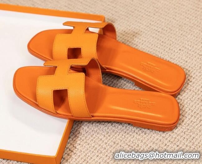 Sumptuous Hermes Oran Classic Grained Calfskin Flat Slide Sandals Orange 0527151