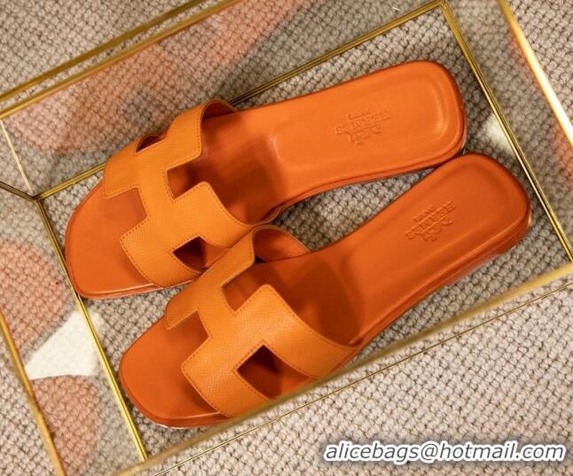 Sumptuous Hermes Oran Classic Grained Calfskin Flat Slide Sandals Orange 0527151