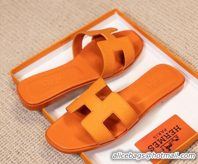 Sumptuous Hermes Oran Classic Grained Calfskin Flat Slide Sandals Orange 0527151