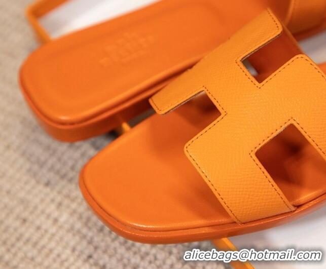 Sumptuous Hermes Oran Classic Grained Calfskin Flat Slide Sandals Orange 0527151