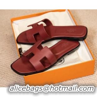 Best Price Hermes Oran Classic Smooth Calfskin Flat Slide Sandals Burgundy 0527152