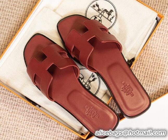 Best Price Hermes Oran Classic Smooth Calfskin Flat Slide Sandals Burgundy 0527152