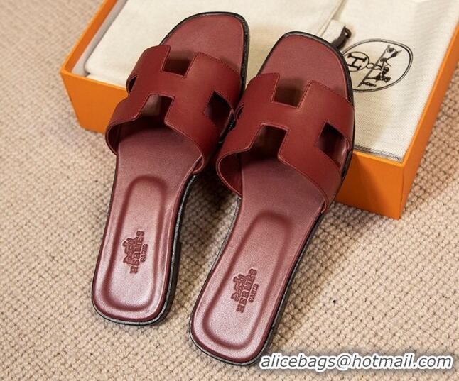 Best Price Hermes Oran Classic Smooth Calfskin Flat Slide Sandals Burgundy 0527152