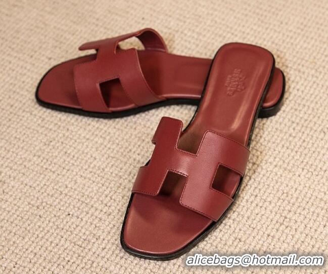 Best Price Hermes Oran Classic Smooth Calfskin Flat Slide Sandals Burgundy 0527152