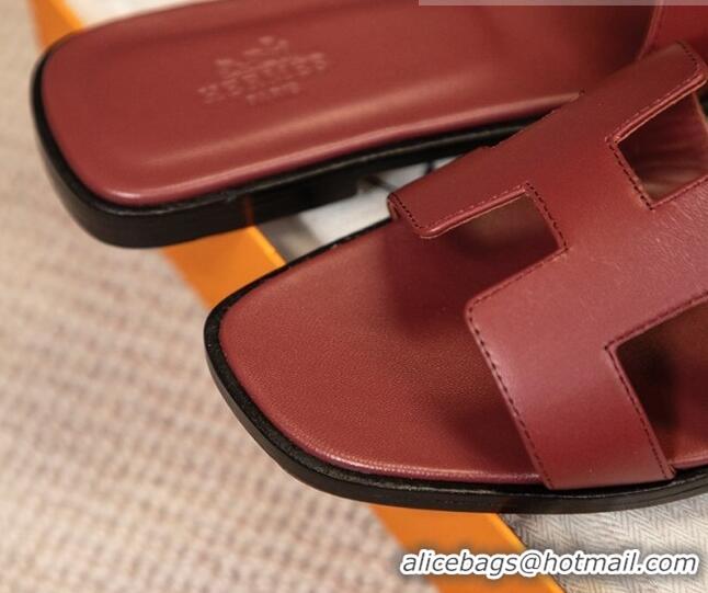 Best Price Hermes Oran Classic Smooth Calfskin Flat Slide Sandals Burgundy 0527152