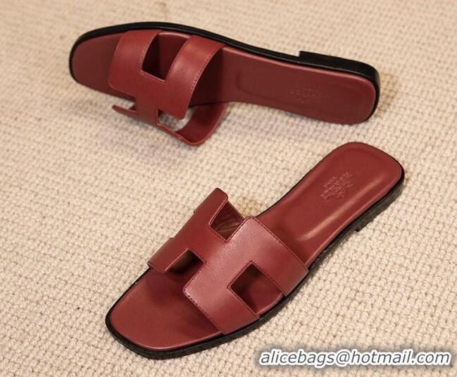 Best Price Hermes Oran Classic Smooth Calfskin Flat Slide Sandals Burgundy 0527152