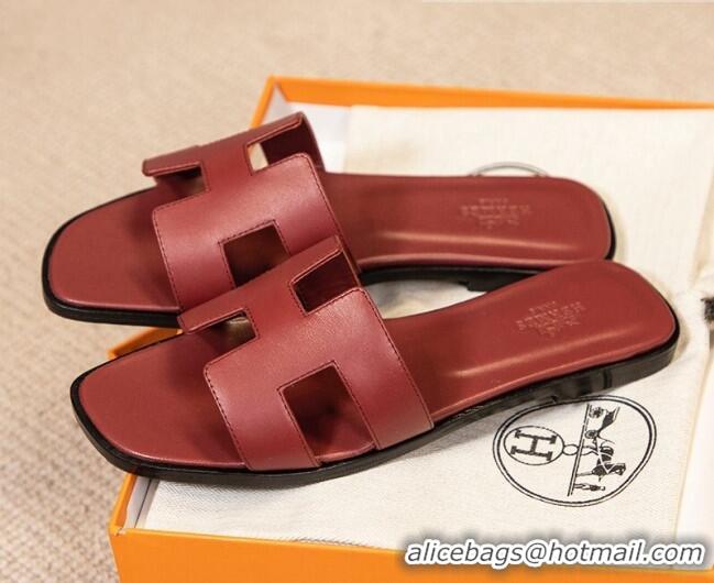 Best Price Hermes Oran Classic Smooth Calfskin Flat Slide Sandals Burgundy 0527152