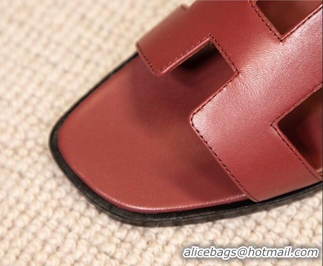 Best Price Hermes Oran Classic Smooth Calfskin Flat Slide Sandals Burgundy 0527152